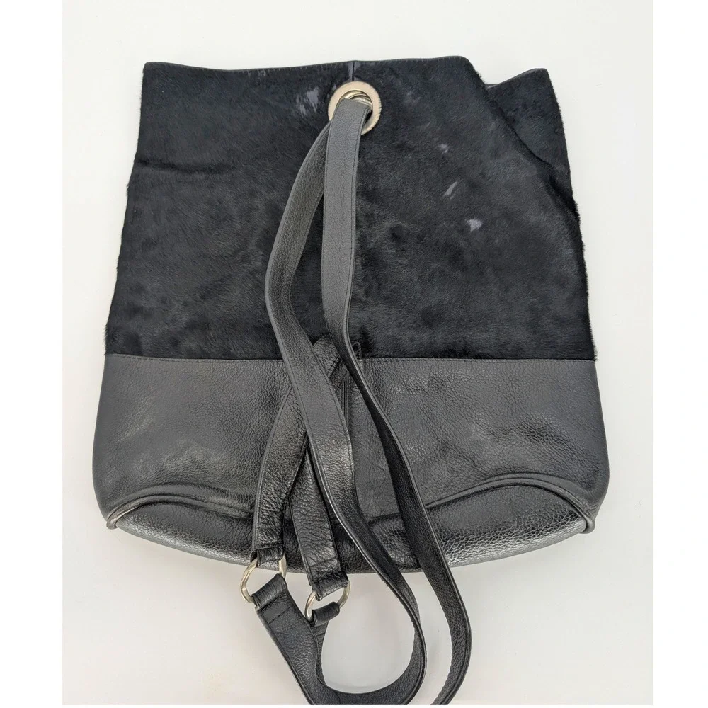Tote Le Monde Backpack Shoulder Bag Black Leather Calf Hair Lagenlook Boho Chic